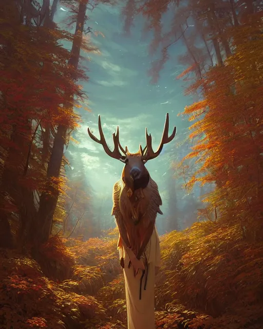 Prompt: highly detailed surreal vfx portrait of a sacred moose, stephen bliss, unreal engine, greg rutkowski, loish, rhads, beeple, makoto shinkai and lois van baarle, ilya kuvshinov, rossdraws, tom bagshaw, alphonse mucha, global illumination, detailed and intricate environment