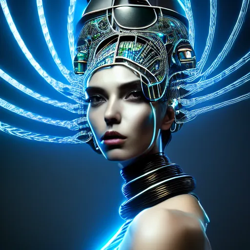 Image similar to portrait of an absurdly beautiful, graceful, sophisticated, fashionable cyberpunk mechanoid gravure idol, hyperdetailed illustration by irakli nadar, matt wisniewski style, intricate linework, dark black skin, iridescent fractal headdress, day - glow facepaint, unreal engine 5 highly rendered, global illumination, blue light, detailed and intricate environment