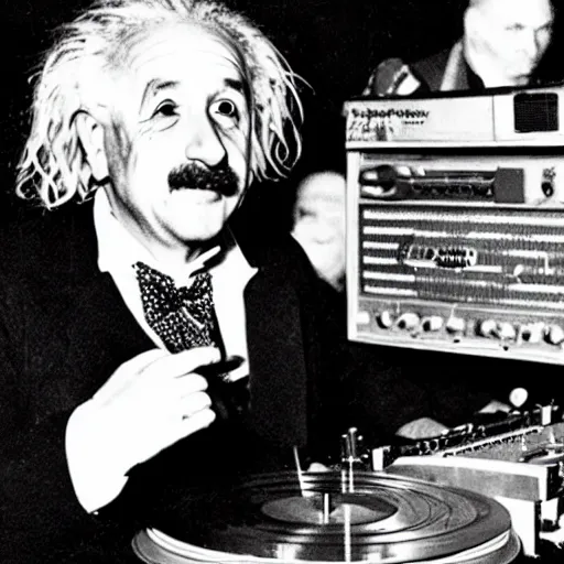 Image similar to photo of Albert Einstein DJing a record player at a nightclub, vintage, highly detailed facial features, at a nightclub