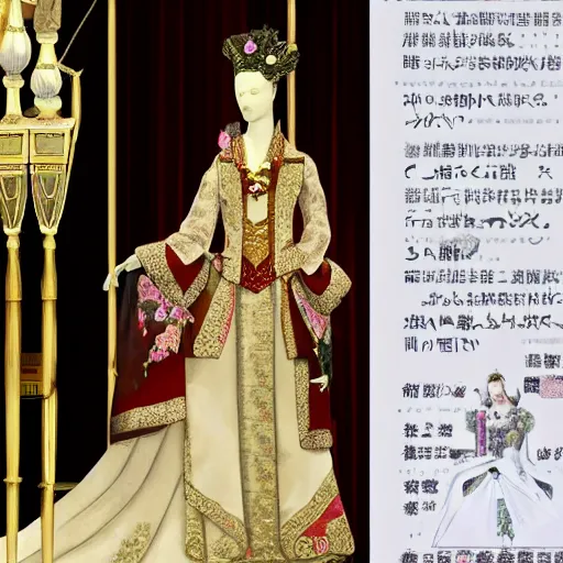 Image similar to An empress bridal ensemble is shown on a mannequin in a museum from a 1900s historical fantasy that combines Russian and Japanese influences.