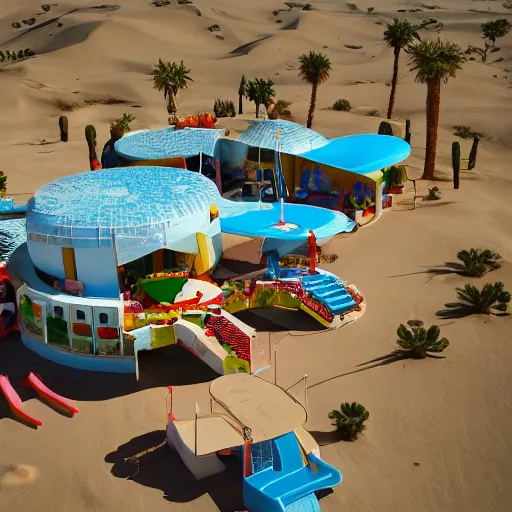 Image similar to baby toy style hotel in the dessert, big scale