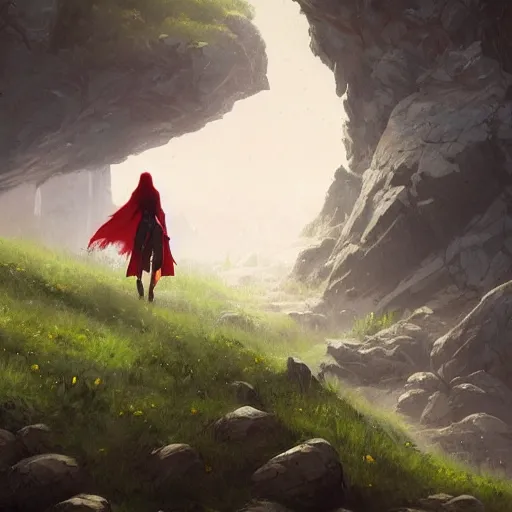 Image similar to a beautiful illustration of a woman with red hood walking between rocks, by greg rutkowski, digital artwork, artstation, cgartists, conceptartworld, deviantart, magic the gathering artstyle, floating magical rocks, lush green meadow