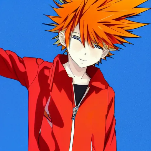 Prompt: orange - haired anime boy, 1 7 - year - old anime boy with wild spiky hair, wearing red jacket, running past colorful building, red - yellow - blue colored building, turquoise aquamarine windows, strong lighting, strong shadows, vivid hues, ultra - realistic, sharp details, subsurface scattering, intricate details, hd anime, 2 0 1 9 anime
