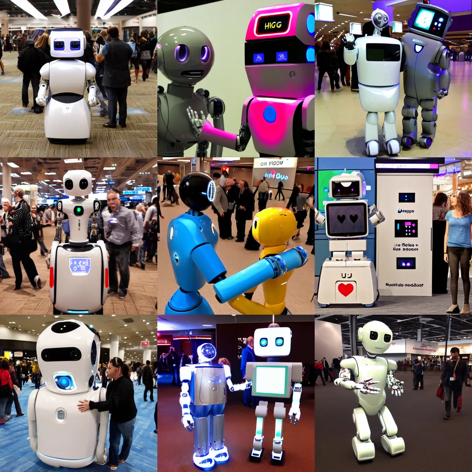 Prompt: <robot attention-grabbing wants=hug expression='give hug now' location='las vegas convention center'>absurd robot following me</robot>