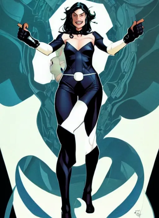 Image similar to Rafeal Albuquerque comic art, Joshua Middleton comic art, pretty female very pale white skin Phoebe Tonkin as Domino superhero X-MEN comics, black spot over left eye, fun smile, full body x-force outfit, long wavy black hair:: sunny weather::