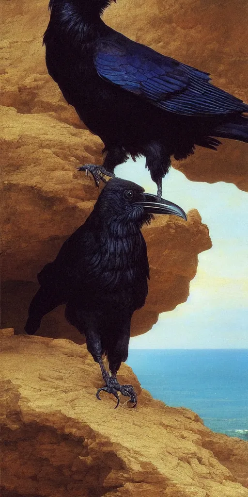 Image similar to a breathtakingly stunningly beautifully highly detailed close up portrait of a raven under a rock arch, epic coves crashing waves plants, beautiful clear harmonious composition, wonderful strikingly beautiful serene sunset, detailed organic textures, by frederic leighton and rosetti and turner and eugene von guerard, 4 k