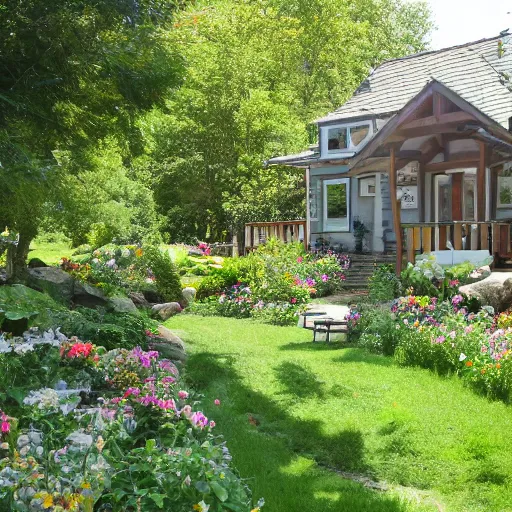 Image similar to A beautiful cottage with a lush front yard, with a flower patch and a flowing river