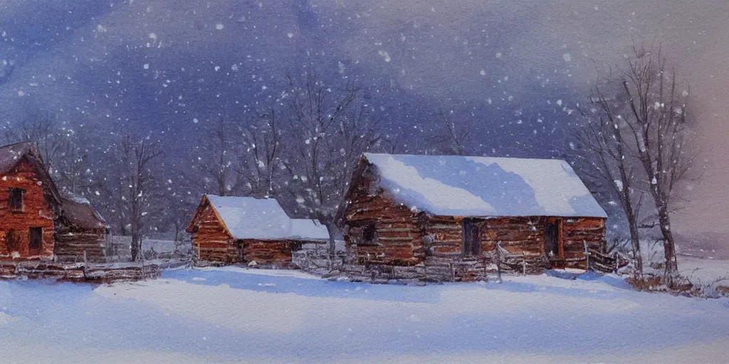 Image similar to a watercolor painting of a cabin in a snowy landscape, at dusk, painted by lars lerin, impressionism, snow storm