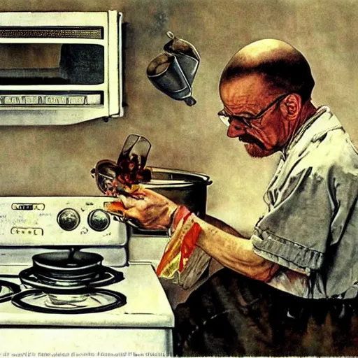 Image similar to Walter white cooking, Norman Rockwell