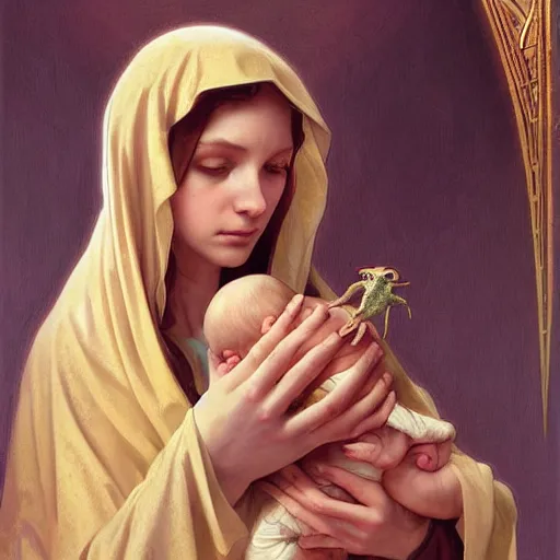 Image similar to the virgin mary holding a baby lizard, highly detailed, digital painting, artstation, concept art, smooth, sharp focus, illustration, art by artgerm and greg rutkowski and alphonse mucha