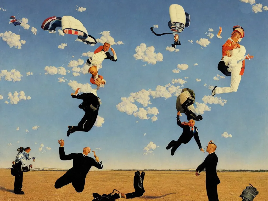 Image similar to benjamin netanyahu skydiving, plane and parachute in background, by norman rockwell and rene magritte, highly detailed