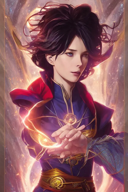 Image similar to anime key visual of a beautiful young female doctor strange, marvel comics, spells, magic, intricate, magical village, stunning, highly detailed, digital painting, artstation, smooth, hard focus, illustration, art by artgerm and greg rutkowski and alphonse mucha