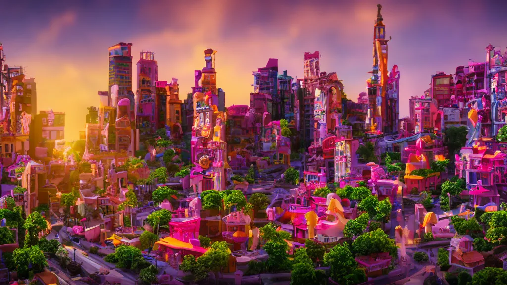 Image similar to a beautiful photograph of barbies city, sunset lighting, rim light, hyper realistic, 1 0 5 mm, cinematic frame
