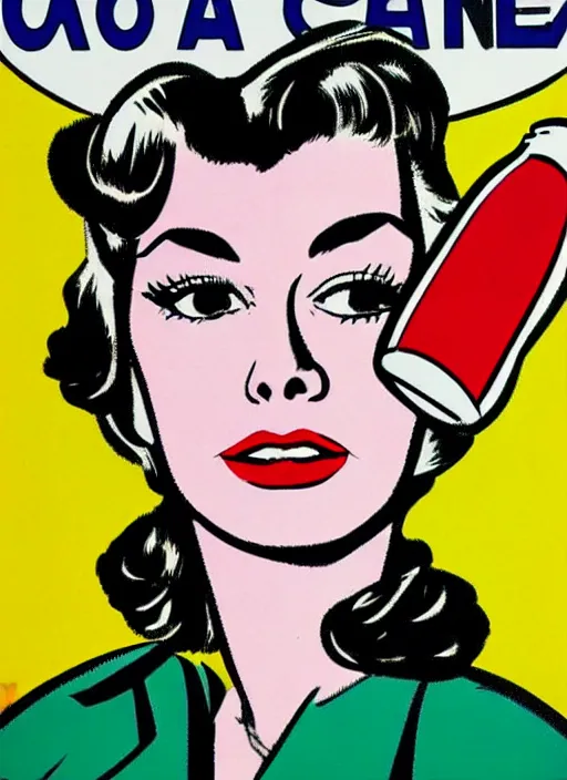 Prompt: a portrait of a woman advertising coke, 1 9 5 0's, punk by roy lichtenstein