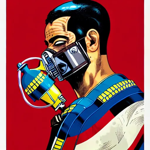 Image similar to a profile photo of a egyptian man with a diving oxygen mask with side profile blood in ocean intricate details by MARVEL comics and Sandra Chevrier-C