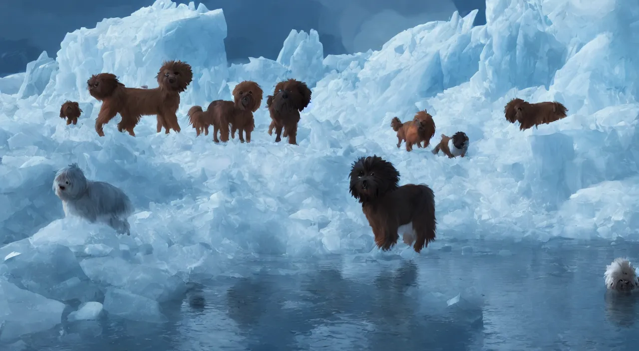 Image similar to havanese dogs and arctic explorers, crossing glaciers, 1 9 0 0, tartakovsky, atey ghailan, goro fujita, studio ghibli, rim light, harsh midday lighting, clear focus, very coherent