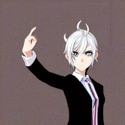 Prompt: Visual novel sprite of a young woman, silver hair and orange eyes, wearing an elegant suit, having a cool and reasoning expression, Danganronpa style