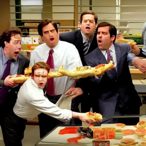 Image similar to The cast of The Office having a food fight, cinematic, high detail