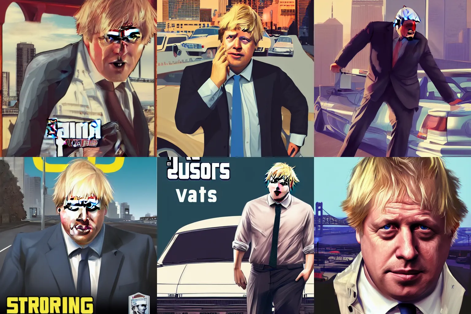 Prompt: Boris Johnson in GTA V, cover art by Stephen Bliss, artstation, no text