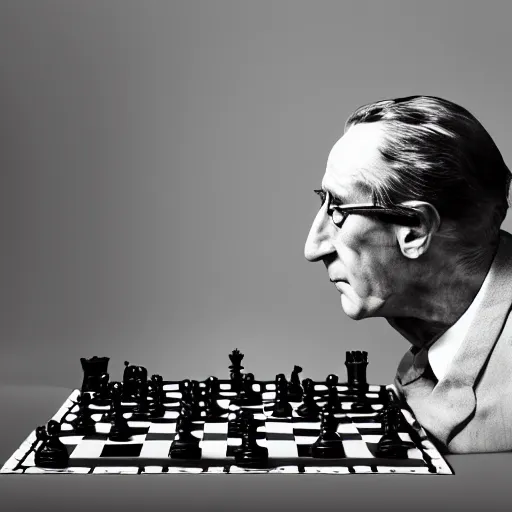 Image similar to close-up portrait of Marcel Duchamp playing chess against a minimal machine, long exposure, minimal composition, packshot, archival pigment print