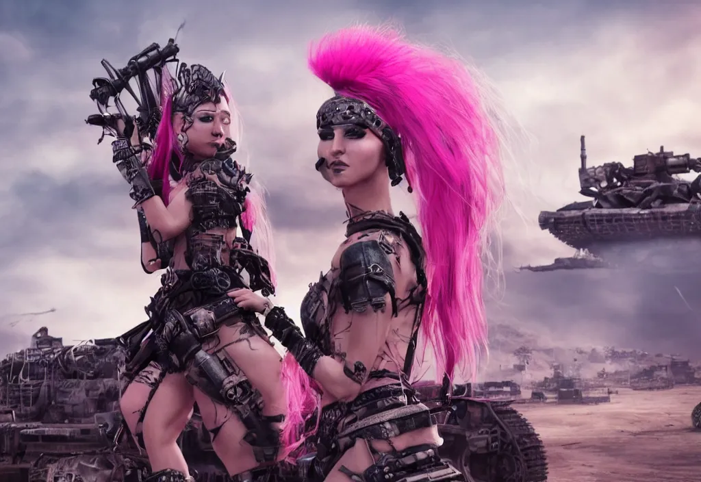 Image similar to beautiful apocalyptic woman with pink Mohawk, posing on mad max panzer tank, 4k ultra hd, fantasy dark art, artstation, octane render