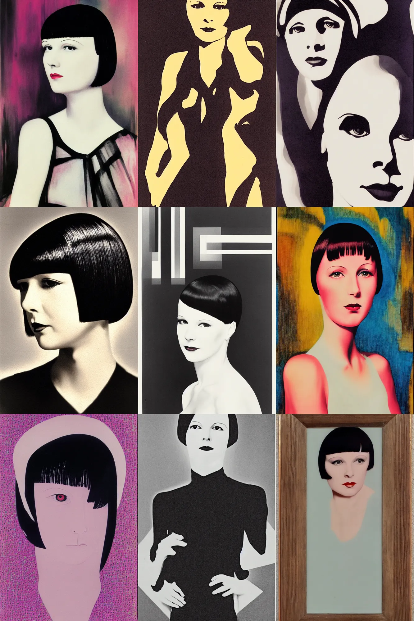Prompt: portrait of mary louise brooks age 2 5, synthwave, op art