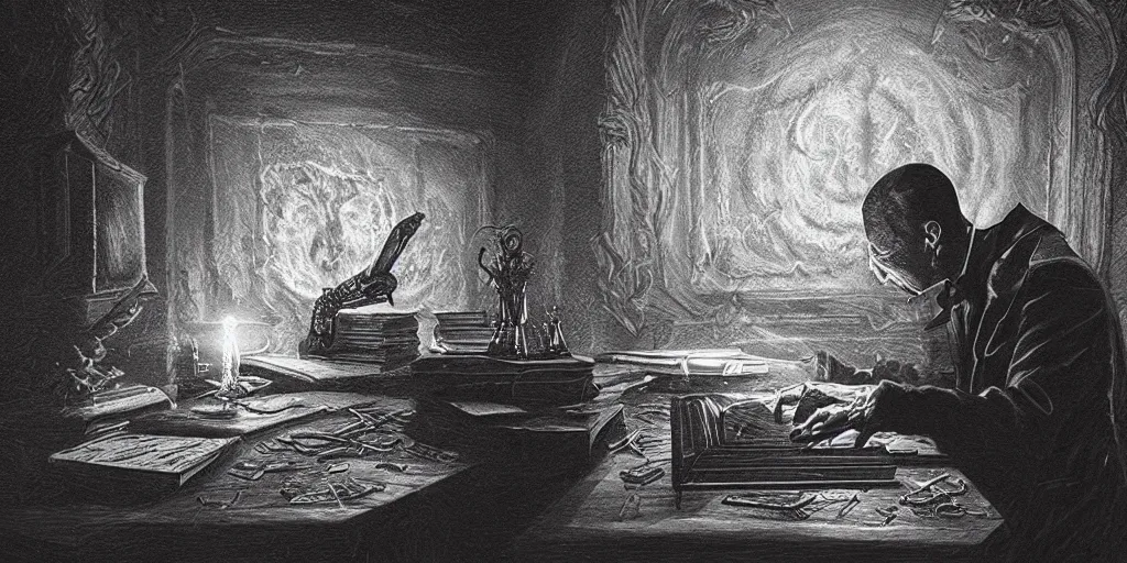 Image similar to Detailed photo of a H.P. Lovecraft writing Necronomicon in a dark room, sharp focus, atmospheric, trending on artstation, detailed, photorealistic