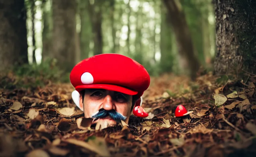 Image similar to italian man with a mustache dressed as mario wearing a solid red mario hat, crawling on the ground, eyes rolled back, licking a red mushroom with white spots, in a forest, photography, 5 0 mm lens, f 1. 8