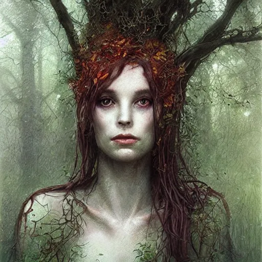Image similar to portrait of a dryad, in a forest of fey autumn maples, her skin glistens with rainwater by greg rutkowski and brian froud dark mysterious, filtered evening light