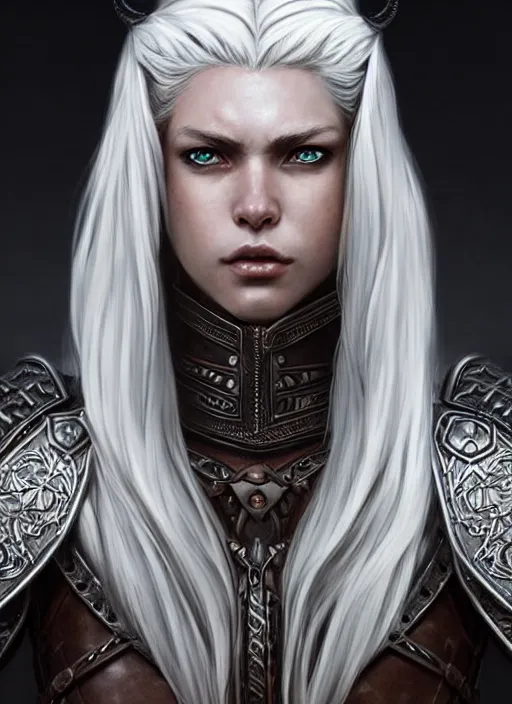 Image similar to warrior, leather armor!!! long wild white hair!! covered chest!!! fantasy, d & d, intricate ornate details, digital painting, pretty face!!, symmetry, concept art, sharp focus, illustration, art by artgerm! greg rutkowski magali villeneuve wlop! ilya kuvshinov!!, octane render