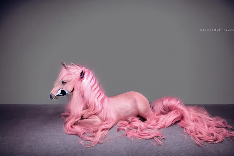 Image similar to Pinkie Pie equine facing away from the viewer, back towards camera, professional photography and mood lighting, anatomically correct equine photo, laying down, flowing mane and tail, relaxed expression