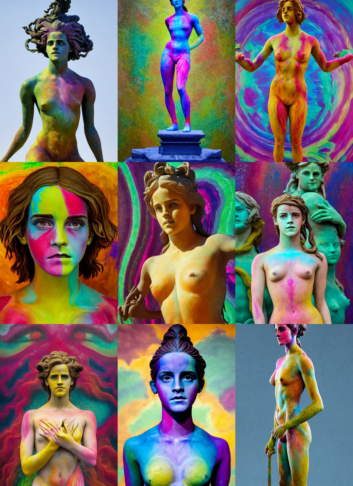 Prompt: statue of Emma Watson by Jean-Baptiste Carpeaux and Luo Li Rong and Michael James Talbot as venus callipygian, standing athletic pose, perfect symmetrical face, colorful, bright psychedelic colors, bodypaint, acrylic paint splashes, all body, elegant, realistic, 8K, female full-skin figure, hyperrealism, subsurface scattering, raytracing, rim light, Octane Render, Redshift, Zbrush