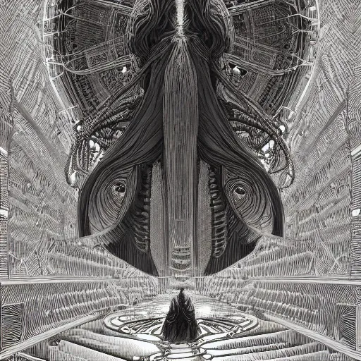 Prompt: phantasmagoria by jeffrey smith and wlop and gustave dore, featuring wires, circuitry, code, binary, cryptonomicon, dmt entity, ambient occlusion, 3 d concept render, scientifically accurate, artstation, intricate, beautiful, look at that detail!