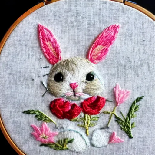 Prompt: a tiny beautiful handmade embroidery of a very cute rabbit. hand embroidery.