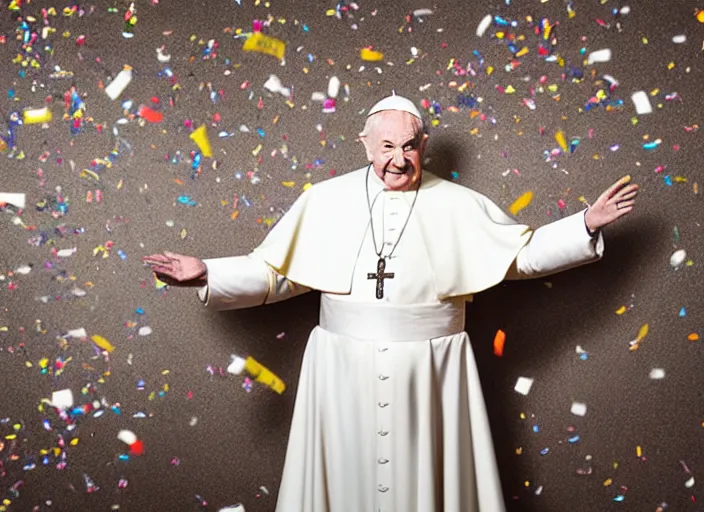 Image similar to photo still of rip taylor as the pope!!!!!!!! at age 5 4 years old 5 4 years of age!!!!!!! throwing confetti from a bucket at church, 8 k, 8 5 mm f 1. 8, studio lighting, rim light, right side key light