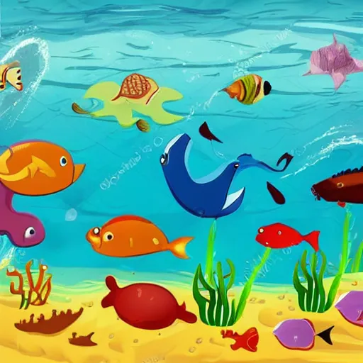 Image similar to A world where sea animals walk on land and land animals swim in the sea