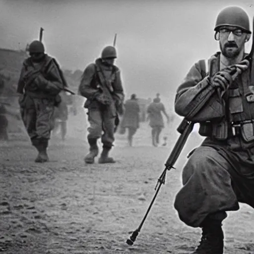 Prompt: Gordon Freeman as an American soldier on D Day, epic, WWII, 1940s photo, cinematic, highly detailed, gritty, combat, sharp focus, closeup, intense