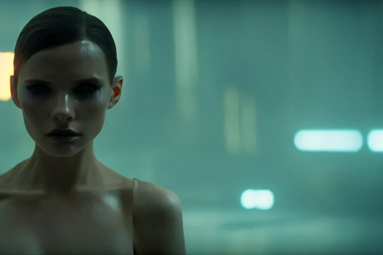 Prompt: film still of closeup cyborg beautiful model in blade runner 2 0 4 9, space port, cinematic, moody, gritty neon noir by emmanuel lubezki