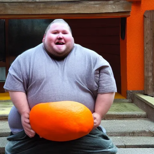 Prompt: a fat guy mocking an orange cat