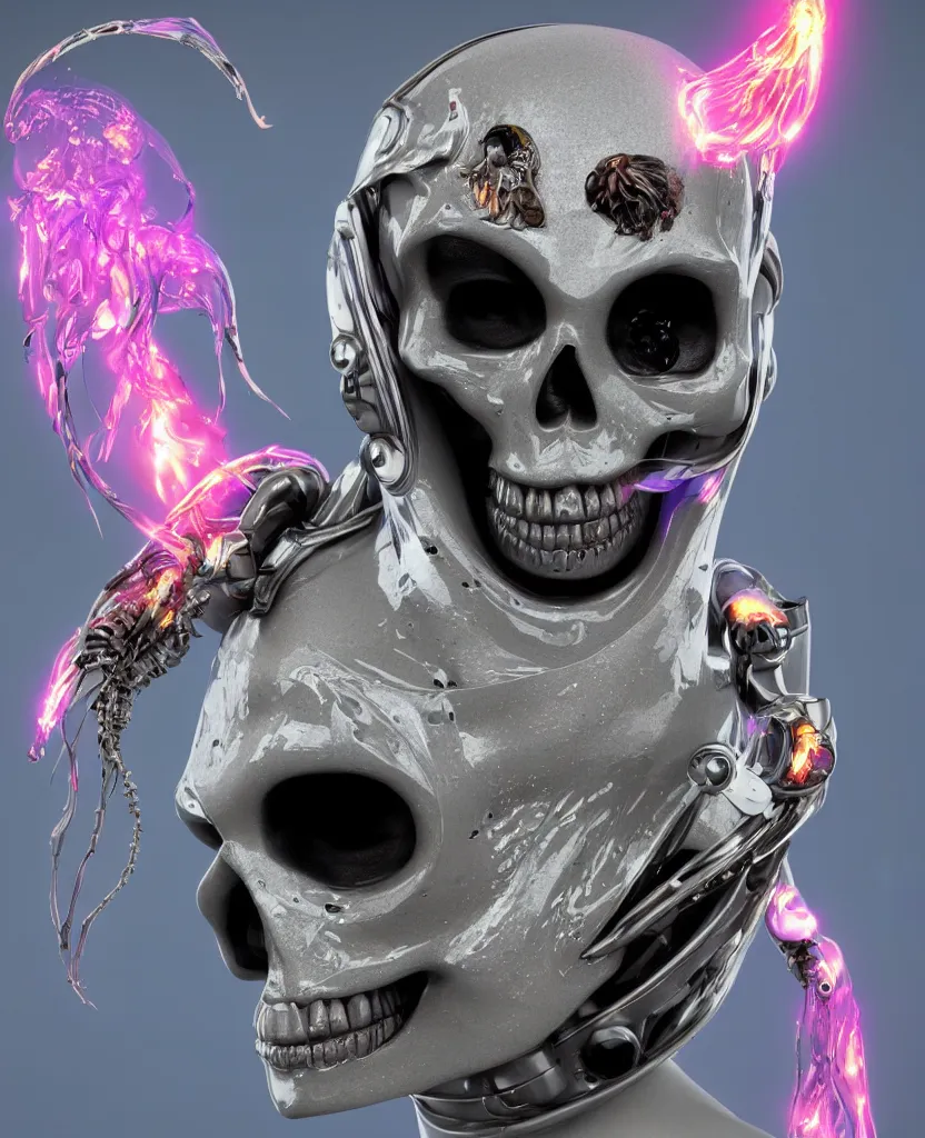 Image similar to close-up macro portrait of the face of a beautiful princess rotten skull in a spaceman suit, epic angle and pose, symmetrical artwork, 3d with depth of field, blurred background, cybernetic jellyfish female face skull phoenix bird, translucent, nautilus, energy flows of water and fire. a highly detailed epic cinematic concept art CG render. made in Maya, Blender and Photoshop, octane render, excellent composition, cinematic dystopian brutalist atmosphere, dynamic dramatic cinematic lighting, aesthetic, very inspirational, arthouse. y Greg Rutkowski, Ilya Kuvshinov, WLOP, Stanley Artgerm Lau, Ruan Jia and Fenghua Zhong