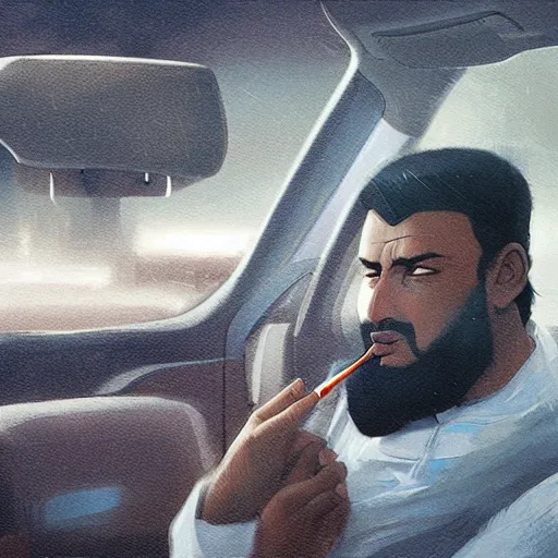 Prompt: saudi arab man smoking inside a car, highly detailed, elegant, sharp focus, anime, digital art, in the style of greg rutkowski and craig mullins 4 k