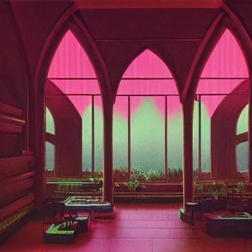 Prompt: 70s interior with arched windows, pink neon lighting, greenery, cyberpunk, dramatic, fantasy, by Moebius, by zdzisław beksiński, Fantasy LUT, epic composition,