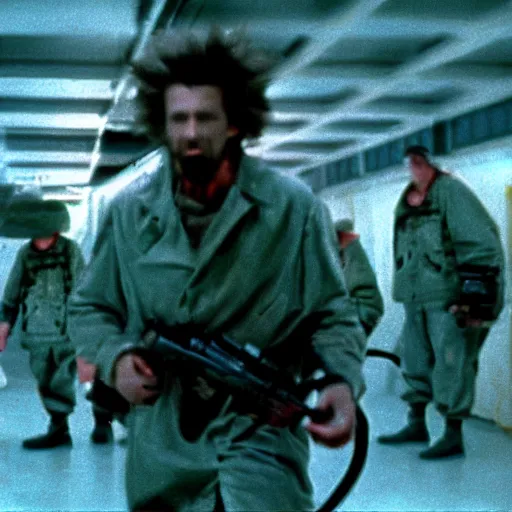 Image similar to filmic extreme wide shot dutch angle movie still 4k UHD interior 35mm film color photograph of soldiers being mutilated by a spiney shape shifting organism from The Thing 1982, in the style of a 1980s horror film