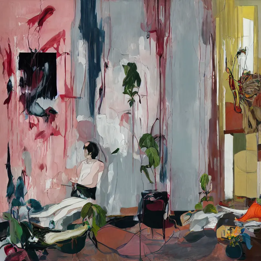 Image similar to One woman feeling lost in a living room of a house, There is one living room plant to the side of the room, expressionist painting by francis bacon and martine johanna