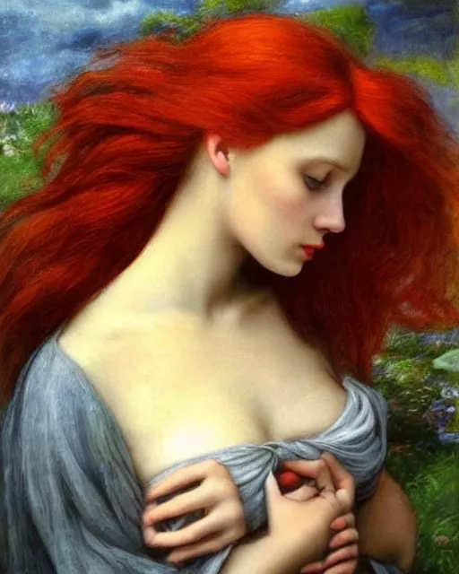 Image similar to a woman with long red hair and a flower in her hair, a photorealistic painting by Carla Wyzgala, pinterest, pre-raphaelitism, pre-raphaelite, enchanting, chiaroscuro