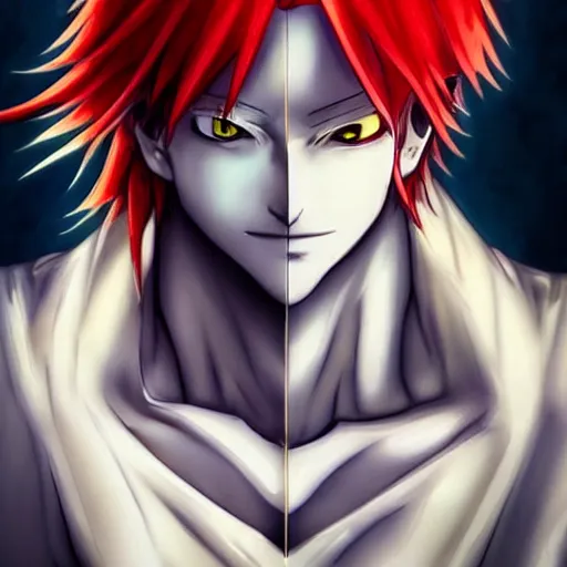 Image similar to beautiful portrait of hisoka morow, red hair, white shirt with yellow hem, realistic anime, hyper realistic