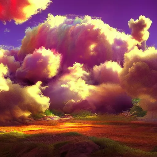 Image similar to puffy clouds, drew struzan style, vfx art, unreal engine render, claymation style, colourful, volumetric light, digital painting, digital illustration, dramatic light,