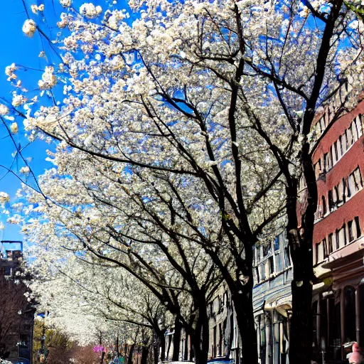 Image similar to This morning, all up and down the streets, what looks like every Callery Pear tree on the Upper West Side has popped overnight into clusters of white pear blossoms.