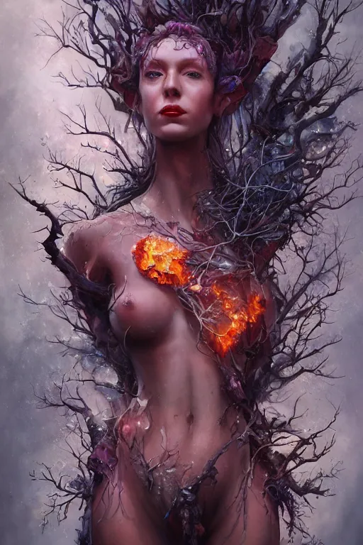 Prompt: torso closeup model wearing exploding fire crystal dress, rotten tree spirit dryad with a beautiful face, sorcerer, diamonds, angel, fantasy, dramatic lighting, highly detailed, digital painting, holding electricity, magic the gathering, hyper detailed, 3 d render, hyper realistic detailed portrait, peter mohrbacher, wlop, ruan jia