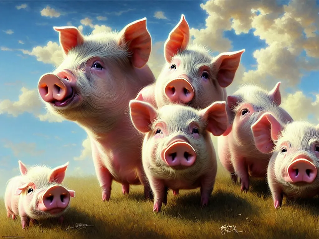 Prompt: very cute pigs play in the sky, cute and cuddly, highly detailed, photorealistic, octane render, 8 k, unreal engine. art by artgerm and greg rutkowski and alphonse mucha